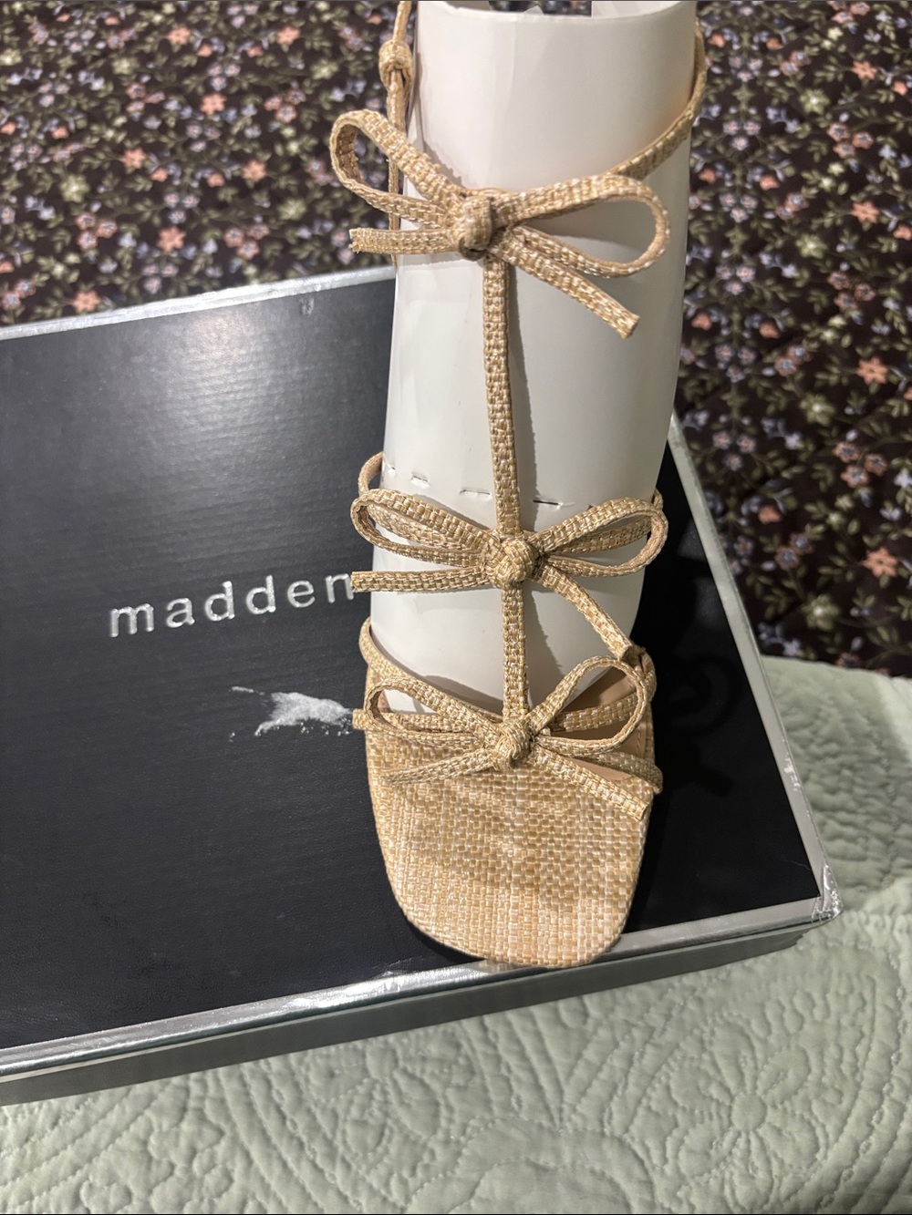 Madden Girl Beige Raffia Bow Lace-Up Sandal